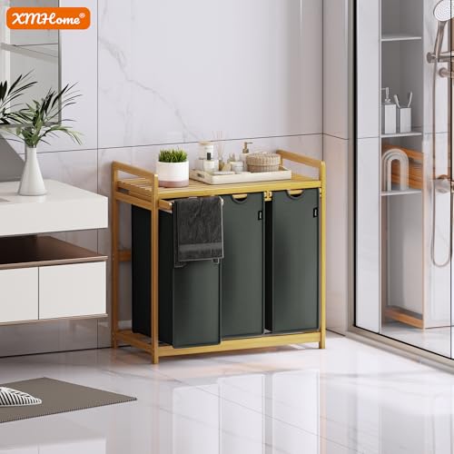 XMHome wäschekorb 3 fächer 148L großer quadratischer Wäschesammler aus Bambus Wäschebox optisch ansprechender Wäschesortierer in 77.5X41.3X77.5 CM Dunkelgrau