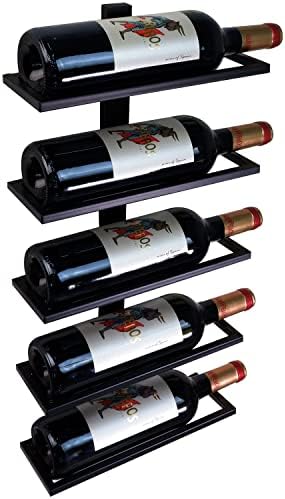 Farmhouse Vertical Wall Mounted Wine Rack, Industrial Metal Wine Holder Rack, Hanging Display Shelf for 5 Wine Bottles, Modern Black Wall Mount Wine Holder for Home Kitchen Living Room Cafe Bar Decor