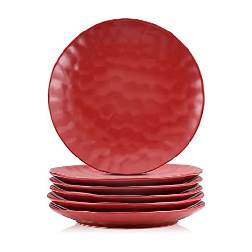 vicrays Ceramic Dinner Plates Set, 10.5 Inch, Set of 6, Round, Microwave, Oven, Dishwasher Safe, Scratch Resistant, Porcelain Fluted Suitable for Steak, Pasta, Pizza, Home, Party, Restaurant (Red)