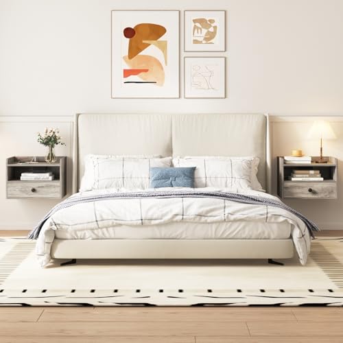 Floating Nightstand Set of 2 Modern Night Stands with Drawer and Open Shelf Cubby Small Bedside End Table with Charging Station Wall Mounted Nightstands Set 2 for Bedroom Grey