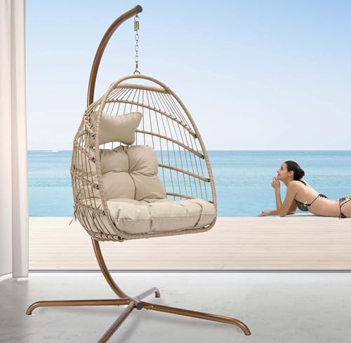 NICESOUL Hanging Egg Chair with Stand Indoor Outdoor, Comfy Patio Rattan Swing Hammock Chairs with Cushion, 350lbs Capacity Egg Shaped Chair for Lawn Backyard Balcony Bedroom, Birthday Gift, Beige