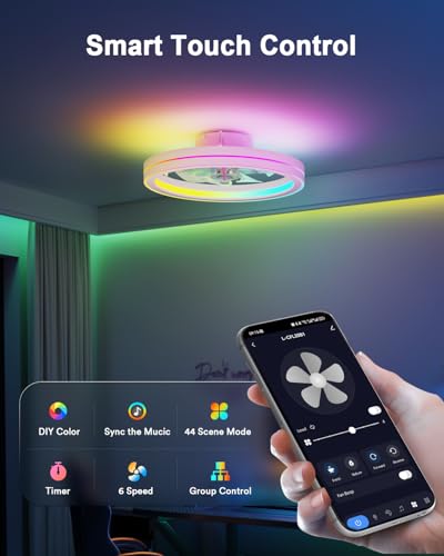 Image of Lumary Smart Ceiling Fans with Lights and Remote, WiFi & Bluetooth Low Profile Ceiling Fan with 2200K Nightlight for Bedroom, RGBAI & 42 Scenes Mode, Flush Mount Easy to Install, 5000 LM, 19 In White