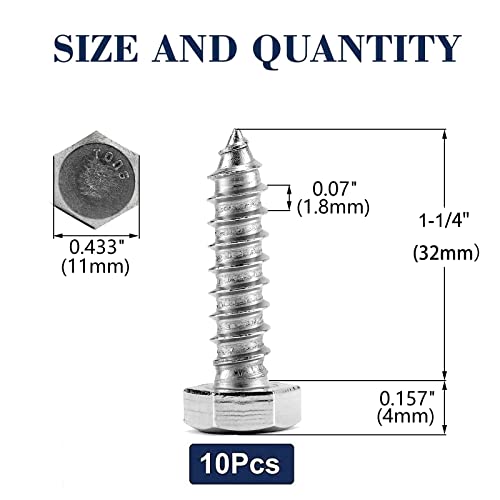 Image of 1 /4 inch x 1-1 /4 inch Hex Head Lag Screws Bolts 10Pcs 304 Stainless Steel 18-8, Partial Thread, Hexagon Head Wood Screws by SG TZH