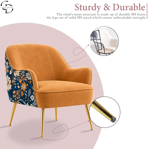 Image of Accent Chair with Ottoman | Modern Velvet Lounge Chair with Floral Designer Back | Upholstered Armchair for Living Room, Bedroom & Cafe | Golden Legs (Light Brown Floral)