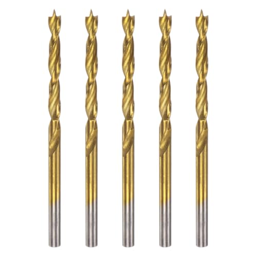 HARFINGTON 5pcs Brad Point Drill Bits 3.5mm(9/64) Dia HSS4241 Straight Round Shank Metric Brad Point Spiral Twist Drill Bits for Carpenter Woodworking Plastic Rubber, Golden