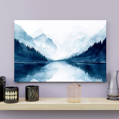 Image of Indianara Mountain Lake Landscape Canvas Art Painting, Blue, 45.72 cm x 68.58 cm, for Living Room, Bedroom, Office