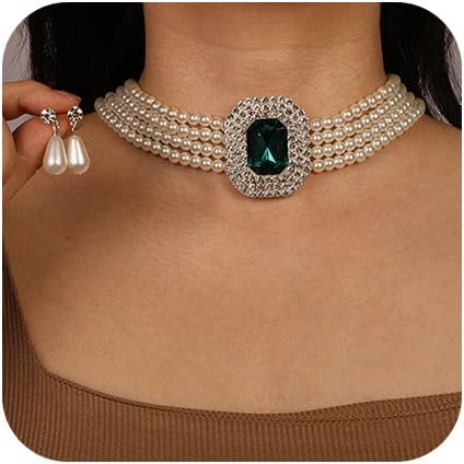 Denifery Pearl Necklace and Earring Set Faux Pearl Jewelry Sets for Women Pearl Rhinestone Necklace Stud Earrings for Women Wedding Prom Party