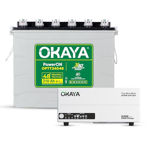 Image of Okaya Inverter with Battery Combo for Home,Office & Shops | ATSW 1175 12V Pure Sine Wave Inverter 925VA with 36 Months Warranty & OPTT24048 210Ah Tall Tubular Battery with 48 Months Warranty