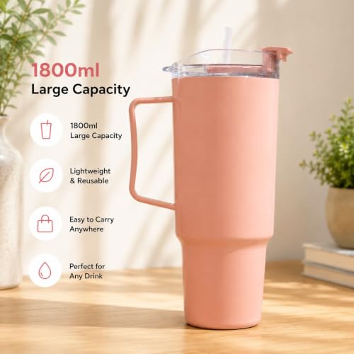 Image of 1800ml Large Water Tumbler with Handle & Straw | BPA-Free Reusable Sipper Cup with Flip Lid | Spill-Resistant Travel Mug for Gym Office College & Daily Use