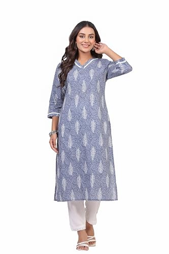 Image of Ichaa Women's Pure Cotton A-Line Ethnic V-Neck Kurta with 3 /4th Sleeve for Daily and Office Wear, in Plus Sizes