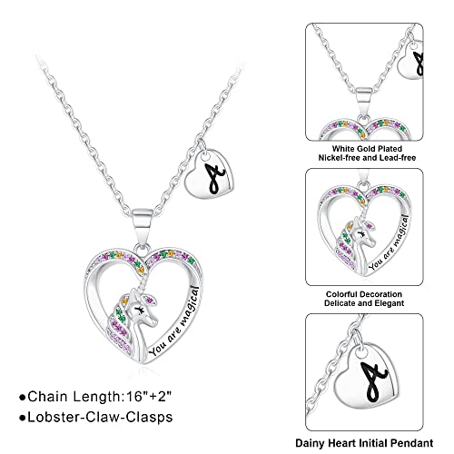 Unicorn Necklaces for Girls - 14K Gold/White Gold/Rose Gold Plated CZ Heart Pendant Jewelry, Toddler and Teen Initial Necklaces, Colorful Unicorn Gifts4