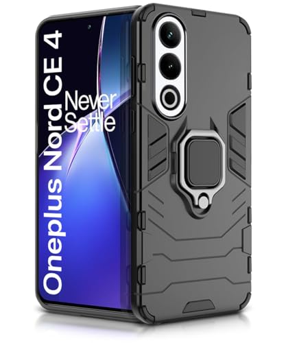 Image of WOW IMAGINE Shock Proof Back Case Mobile Cover for 1+ OnePlus Nord CE 4 5G | Back Cover Case (Tough Armor | Hybrid PC + TPU | Ring Holder & in-Built Kickstand | Black)