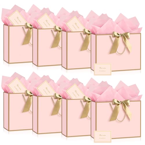 Image of JMANNI Gift Bags with Handles, 13 inch Medium Gift Bag for Presents, 8 Pcs Bags with 16 Tissue Paper and 8 Cards for Baby Shower Wedding Bridal Shower Mother's Day Birthday Party(pink-gold)