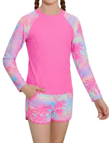 Image of Alakuoti Girls Rash Guard Swimsuit Two Piece Bathing Suit UPF 50+ Sun Protection Long Sleeve Swimwear 6-14 Years
