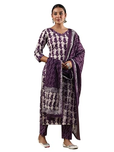 Image of INDO ERA Women's Pure Cotton Printed Straight Kurta & Pant with Dupatta Set