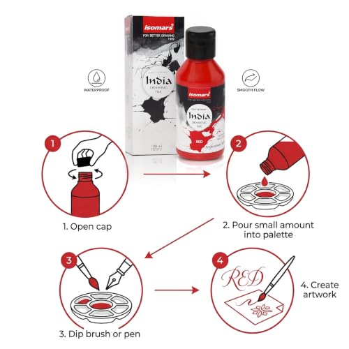 Image of Isomars India Waterproof Drawing Ink Red 100ml | Professional Artist Ink for Illustration, Calligraphy, Airbrush, Canvas, Fabric, Wood, Paper & Technical Drawing