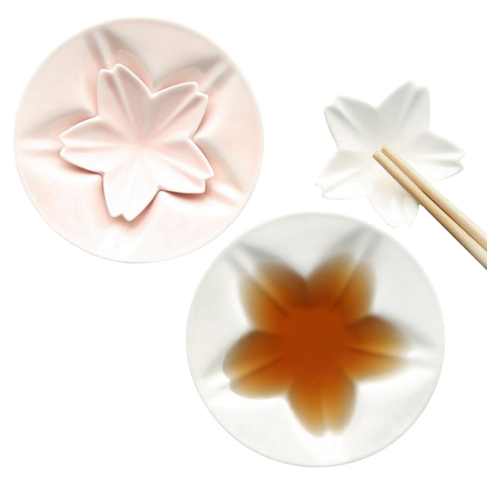WAYUTO Sakura Sauce Dishes and Chopstick Rests Set of 4 Ceramic Dip Bowls Set Porcelain Small Dipping Bowls Funny Side Dish Bowl Sushi Vinegar Wasabi Plates for Seasoning Ketchup Condiment 3.9 Inch