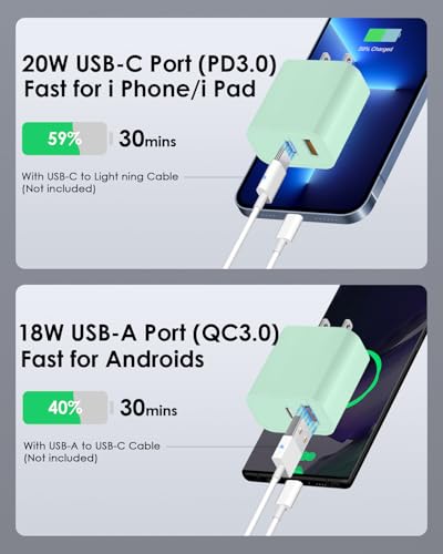 Image of [4 Pack] USB C Charger Block Fast Charging Multiport Adpater [PD 20W USB-C & QC 3.0 USB-A Port] for iPhone 17 /16 /15 /14 /13 /12 /11 /X /8, iPad, Galaxy, Google & More [Green]