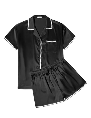 Image of Ekouaer Womens Silk Pajama Sets 2 Piece Satin Pj Set Button Down Shirt and Shorts Lounge Sets Classic with Pockets