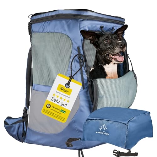 Wanderpfote Hunderucksack bis 12kg - Modell Daypack, Größe M, Blau - Premium Rucksack für kleine bis mittelgroße Hunde mit Höhenverstellbarem Tragesystem und viel Raum für den Hund