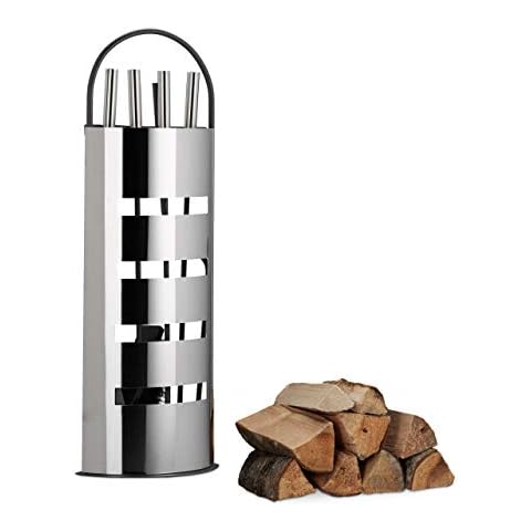 Relaxdays 5-Piece Fireplace Companion Set Steel Utility Accessories, Modern, Stand, Tongs, Shovel, Poker and Broom, Gray-Silver Cover