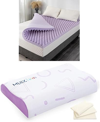 Bundle of 3 Inch Egg Crate Twin Memory Foam Mattress Topper, Cooling Gel Infused Foam Mattress Topper+ Kids Pillow for Sleeping, Adjustable Kids Memory Foam Pillow for Bed Set