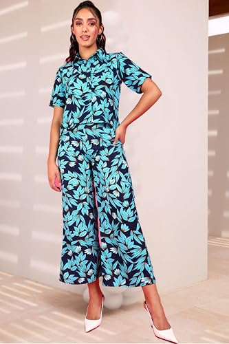 Image of POPWINGS Casual Floral Printed Monochrome Crop Shirt and Trouser Co-Ords Set for Women | Top and Bottom Set for Women |Printed Shirt and Trousers Set | Women Collar Shirt and Trousers Set Summer Wear
