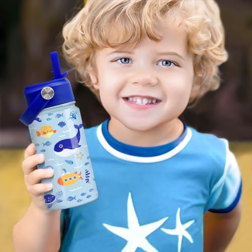 Image of SANDJEST Kids Water Bottle with Straw Lid - 12 Oz Insulated Stainless Steel Ocean Water Bottles for Kid Boys - Travel Cup for School Sports