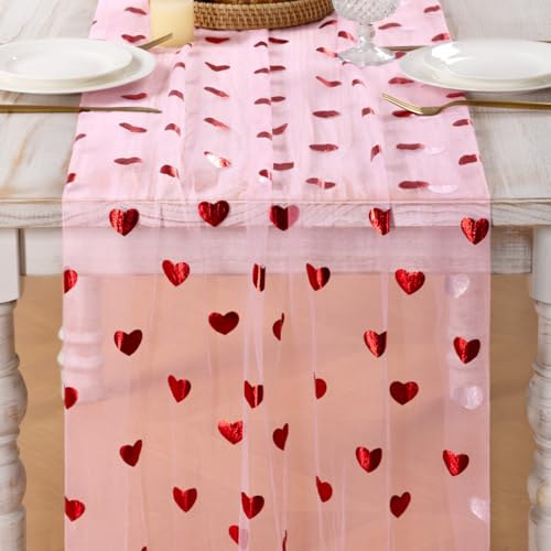 Image of MLMC Pink Heart Gauze Table Runner Glitter Valentine's Day Table Runner 120 Inch 10 FT Sheer Metallic Foil Seasonal Centerpiece for Wedding Anniversary Home Party Table Decor
