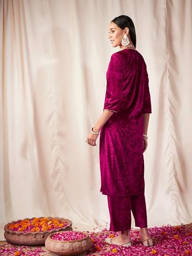 Image of Women's Velvet Floral Embroidered Straight Kurta | Round Neck Three-Quarter Sleeve Calf Length Kurti with Thread Work