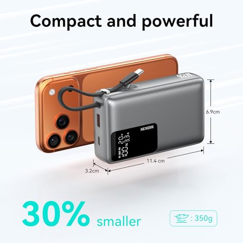 Image of MOKiN Portable Charger 20000mAh, 65W Fast Charging Power Bank with Built-in USB-C Cable, Smart Display Battery Pack, Pocket Portable Charger for iPhone 17-12, Samsung, iPad, Laptop MacBook & More
