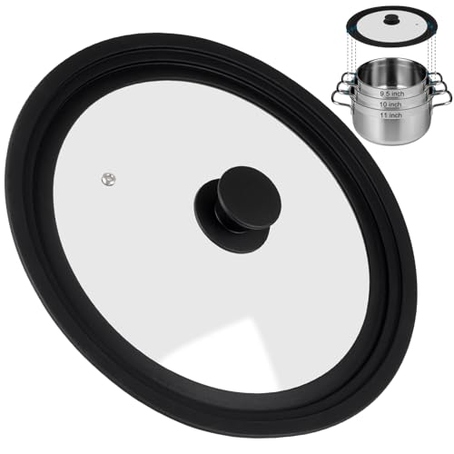 Universal Silicone Lid for Frying Pans, Pots and Skillets, Tempered Glass Pan Lid with Heat Resistant Silicone Rim, Fits 24 CM & 26 CM & 28 CM Diameter Cookware(Black)
