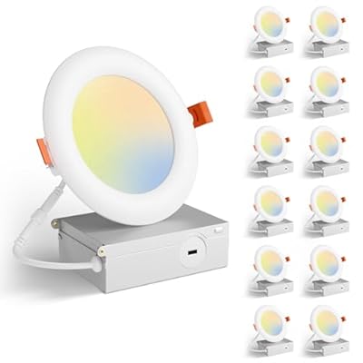 Amico 12 Pack 4 Inch 3CCT Ultra-Thin LED Recessed Light with Junction Box, 3000K/4000K/5000K Selectable, 10W Eqv 60W, Dimmable Can-Killer Downlight, 700LM High Brightness