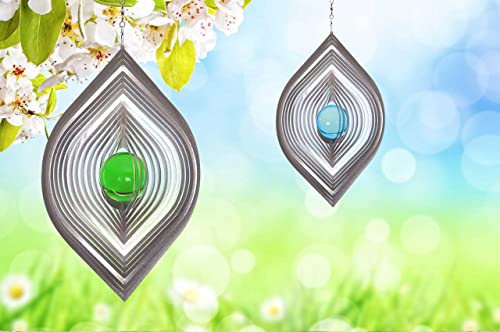 Illumino Edelstahl Windspiel 2er Set Blatt mit grüner 35 mm und Blatt mit klarer 50 mm Glaskugel für Garten und Wohnung Gartendeko Wohn und Fenster Deko