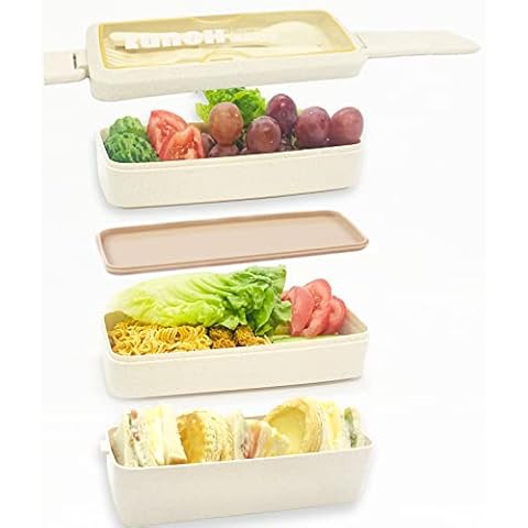 Meider Bento Box Lunch Box, 3 Layer Design and Independent Tableware Area Lunch Box for Women and Children, Microwave, Dishwasher, zer, BPA , Easy to Carry (Beige) Cover
