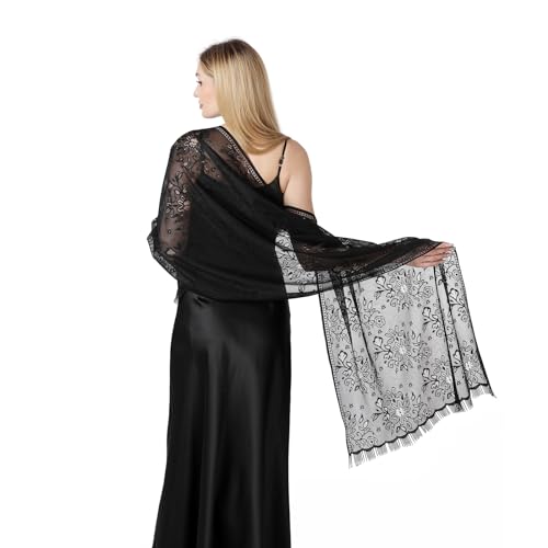 Huralona Women Lace Shawls and Wraps for Evening Dress Wedding Bridal Lace Pashmina Scarf for with Fringe for Costume Party