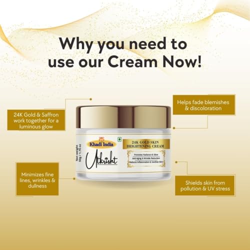 Image of Khadi India Utkrisht 24K Gold Skin Brightening Cream, Anti Aging Moisturizer with Hyaluronic Acid and Collagen, Firming Day and Night Cream for Women, 50g