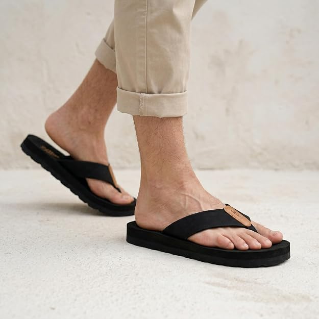 Image of ORTHO JOY Men's Orthopedic Flip Flop Sandals, Comfortable Cushioned Toe Post Slippers with Supportive Footbed.