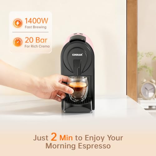 Image of CHULUX Bafe-Pro Compact Espresso Machine 20 Bar for Nes Original Pods, Pink | 1400W Rapid Heating, Espresso Lungo Buttons, Used Capsule Drawer, Auto-Eject System, 24oz Removable Reservoir, Mini Footprint