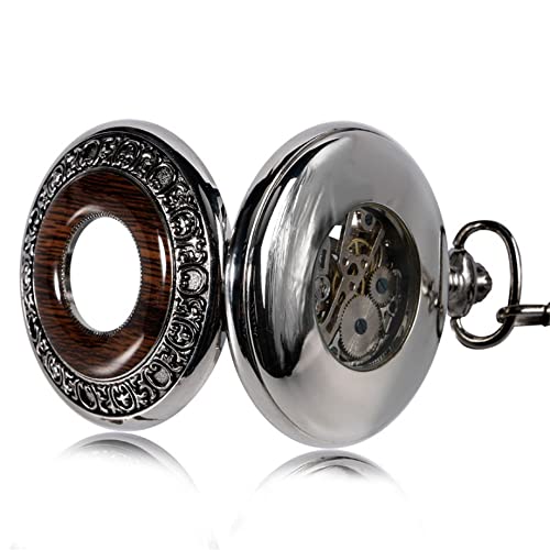 TOSLEJF Vintage Wood Mechanical Pocket Watch Roman Numerals Creative Carving Flower Dial Wooden Watches Pendant Chain Gifts steampunk buy now online