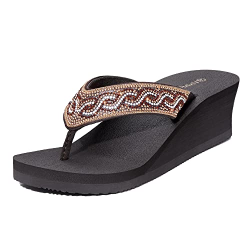 Ampeo Wedge Flip Flops for Women.Rhinestone Thong Platform Wedge Sandals,Dark Brown,Size 8