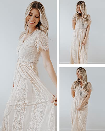 Merokeety Women's V Neck Short Sleeve Floral Lace Wedding Dress Bridesmaid Cocktail Party Maxi Dress Apricot #TOP3
