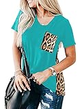 Blooming Jelly Women's Leopard Print Tops Loose V Neck Shirts Short Sleeve Blouses with Pocket (XX-L