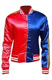 bomberjacke original herren Authentisch und Original Damen Harley Suicide Squad Halloween Cosplay Party Satin Bomberjacke, Rot/Blau, 46