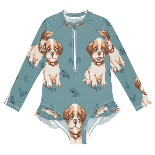 senya Toddler Girl Long Sleeve Ruffle Swimsuit One Piece Zipper Rash Guard Bathing Suit with UPF 50+ Brown White Puppy