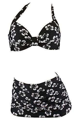 Bikini vintage floral femme maillot de bain rétro années 50 noir L