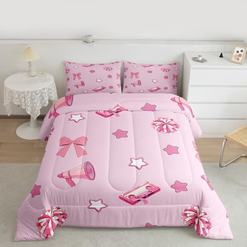 Image of Feelyou Cheer Comforter Set Full Size Cheerleader Bedding Set for Kids Boys Girls Pink Bow Duvet Quilt Bowknot Bedroom Decor Microfiber 3 Pcs with 2 Pillow Cases