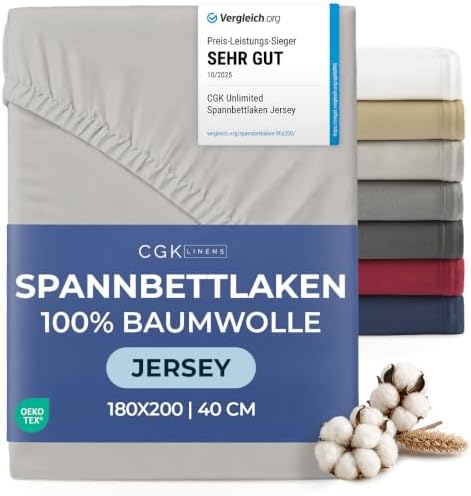 Spannbettlaken Jersey 180x200 - Baumwolle Boxspringbett 40cm - Hellgrau | Spannbetttuch, Rundumgummi, Dehnbar, Weich, Atmungsaktiv, Knitterfrei, Pflegeleicht, Baumwoll-Jersey, Bis