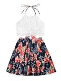 Picture of LYANER Women's 2 Piece Outfits Summer Lace Halter Cami Crop Top with Floral Mini Skirt Set Navy#1 Large