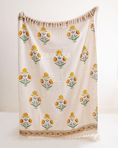Image of Floral Cotton Throw Blanket for Sofa- 50x70 Inch Handblock Print Sofa Throw - Boho Fringe Decorative Blanket for Couch, Bed & Living Room - Diwali Gift, Rakhi Gift for Sister (R-HBTH00110)